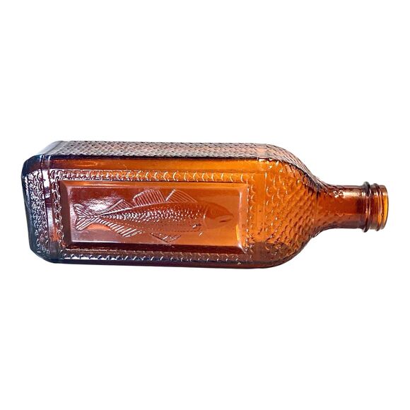 Amber Vintage Cod Liver Oil Bottle Embossed Fish & Scales 9” - Picture 3 of 5